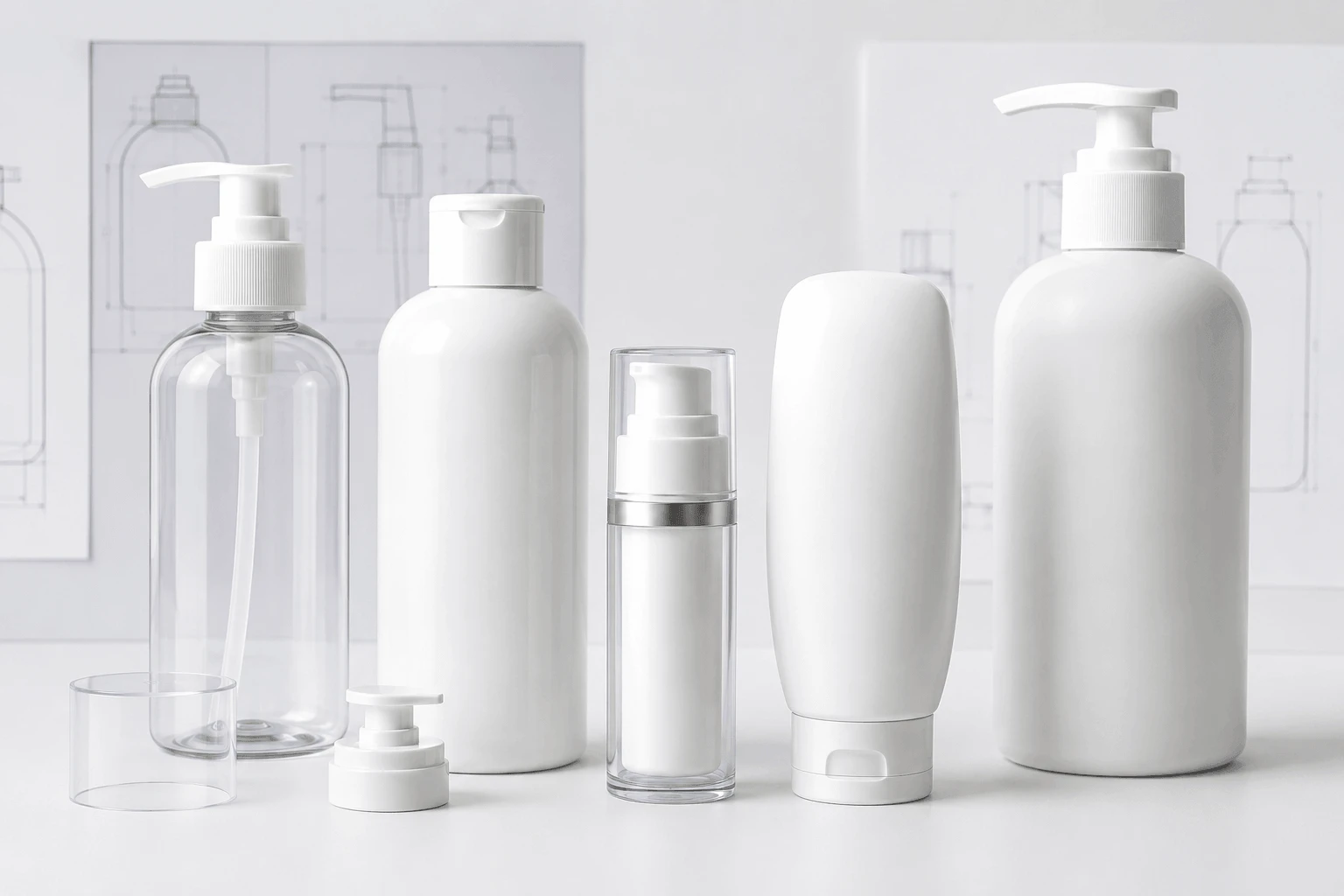 Selection of PET, HDPE, airless and pump lotion bottles for different skincare packaging needs